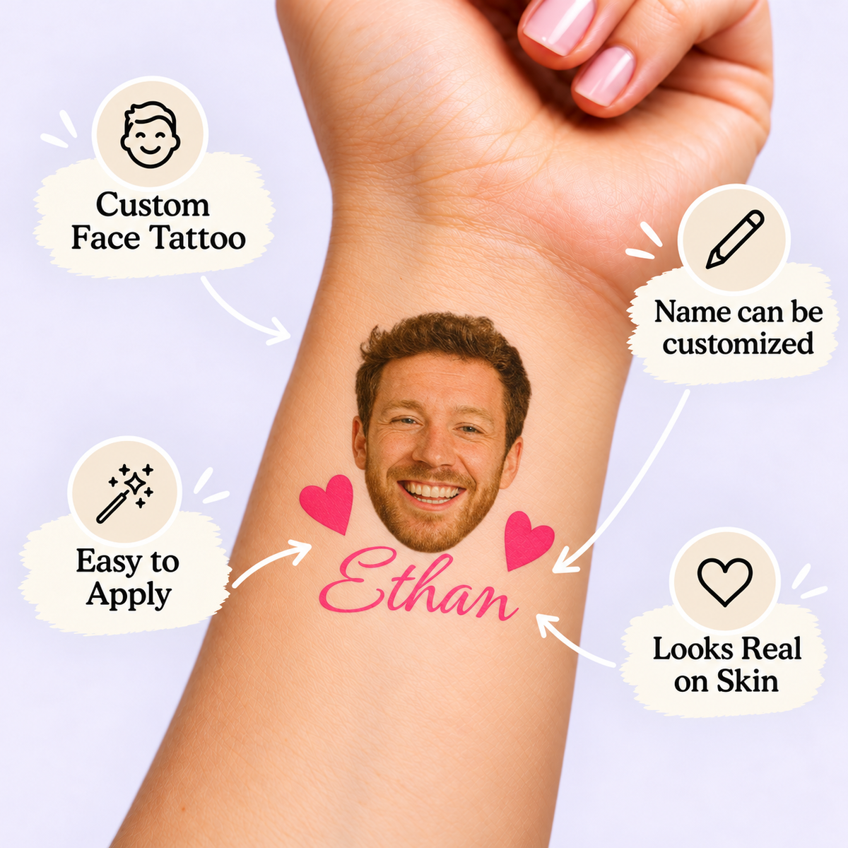 Groom's Pink Hearts temporary tattoo personalization guide: custom face tattoo; name can be customized. Easy to apply.
