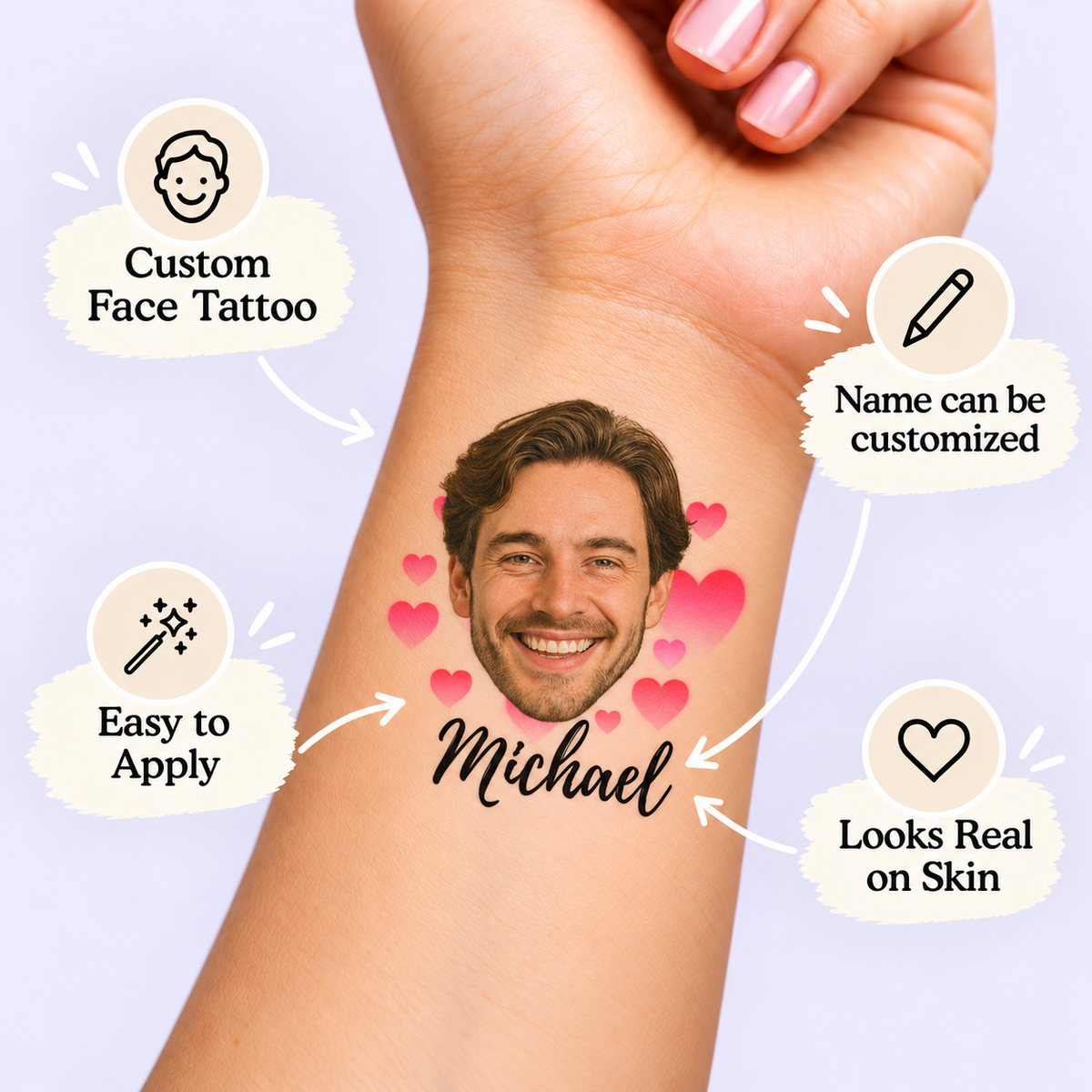 Floating Hearts temporary tattoo personalization guide: custom face tattoo; name can be customized. Easy to apply.