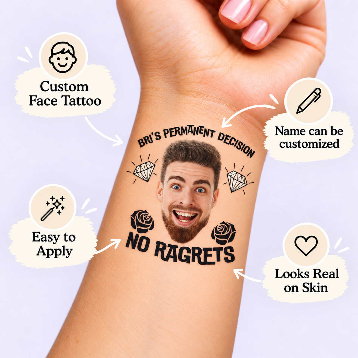 No Ragrets temporary tattoo personalization guide: custom face tattoo; name can be customized. Easy to apply.