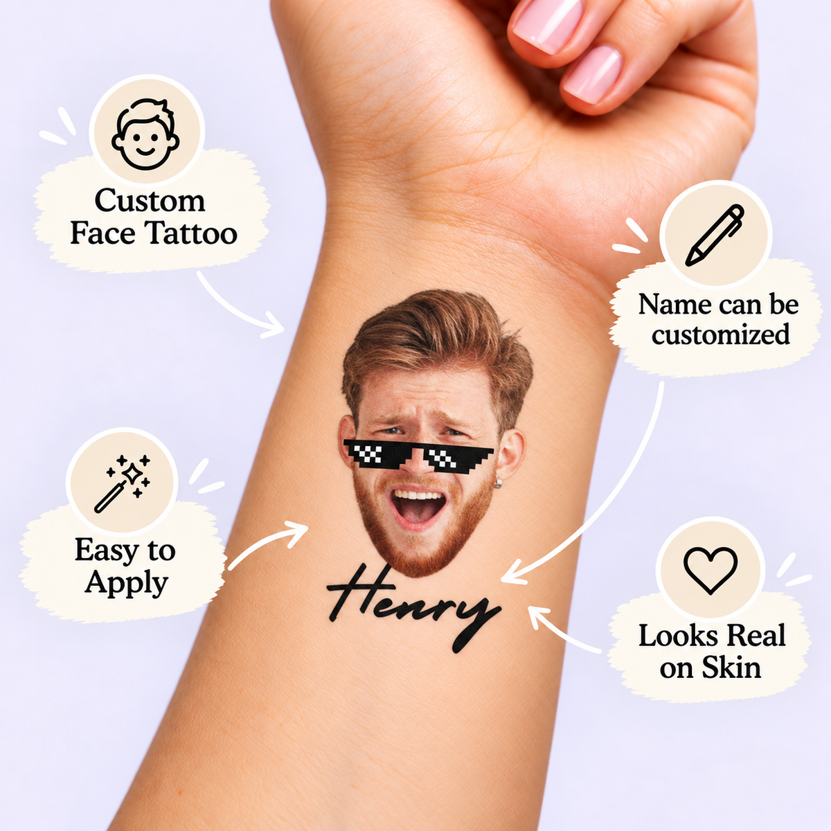 Thug Life Sunglasses temporary tattoo personalization guide: custom face tattoo; name can be customized. Easy to apply.