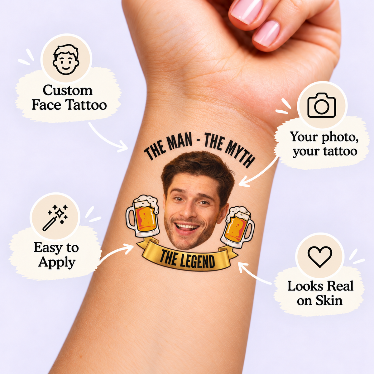 The Man, the Myth, the Legend temporary tattoo personalization guide: custom face tattoo; your photo, your tattoo. Easy to apply.