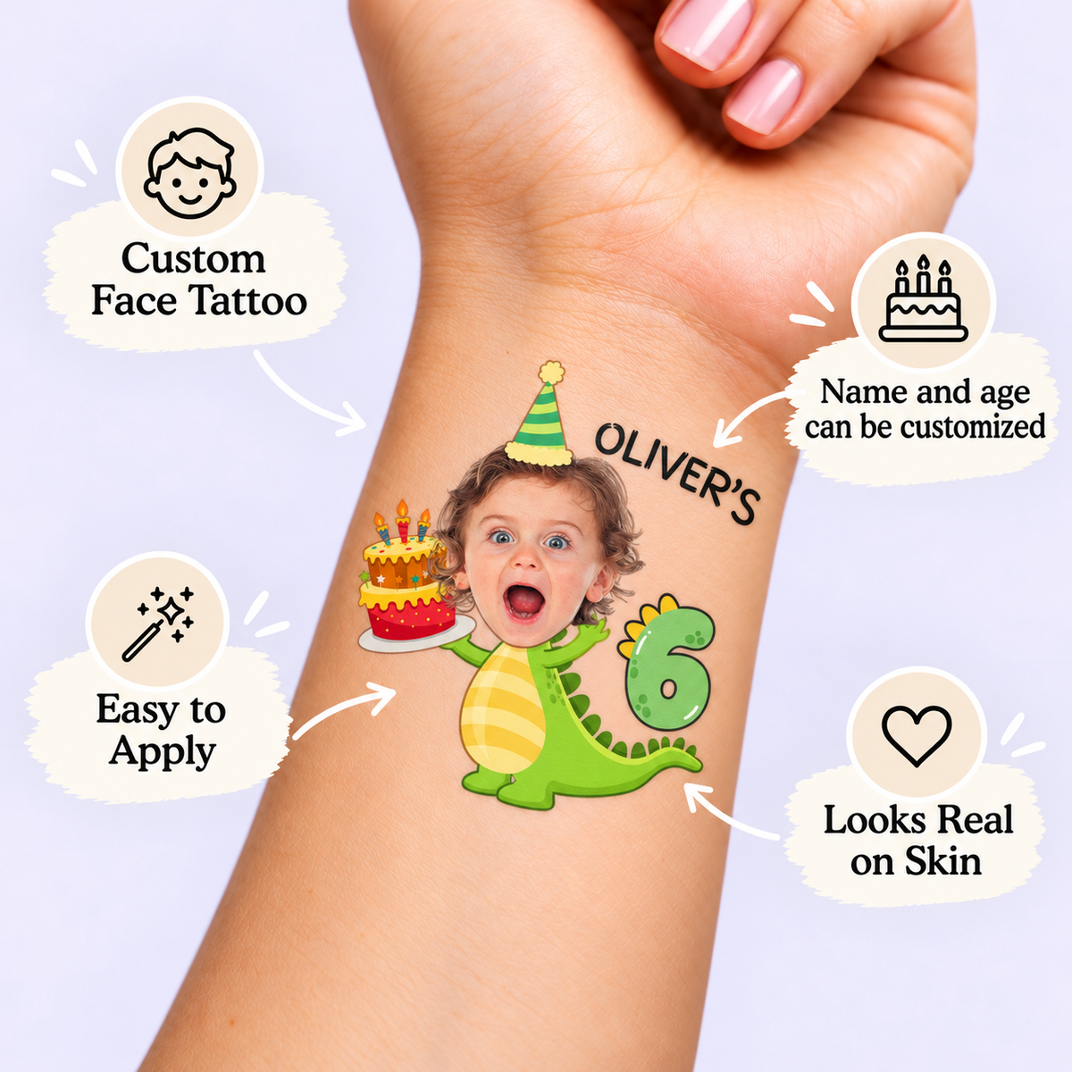 Friendly Dinosaur Birthday temporary tattoo personalization guide: custom face tattoo; name and age can be customized. Easy to apply.