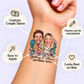 Tropical Champagne Toast temporary tattoo personalization guide: custom couple tattoo; names can be customized. Easy to apply.