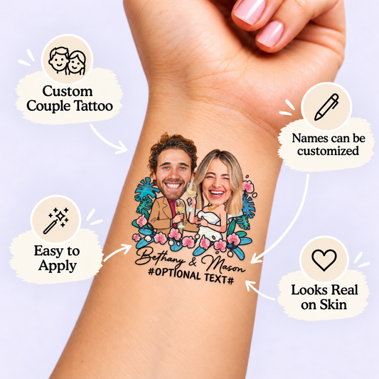 Tropical Champagne Toast temporary tattoo personalization guide: custom couple tattoo; names can be customized. Easy to apply.