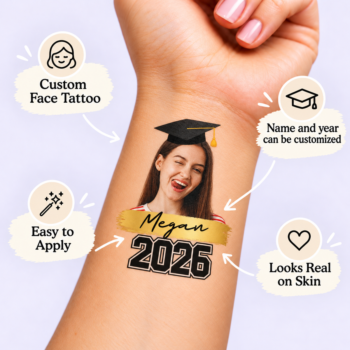 Your Name, Your Year temporary tattoo personalization guide: custom face tattoo; name and year can be customized. Easy to apply.
