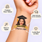 The Graduation Banner temporary tattoo personalization guide: custom face tattoo; name and year can be customized. Easy to apply.
