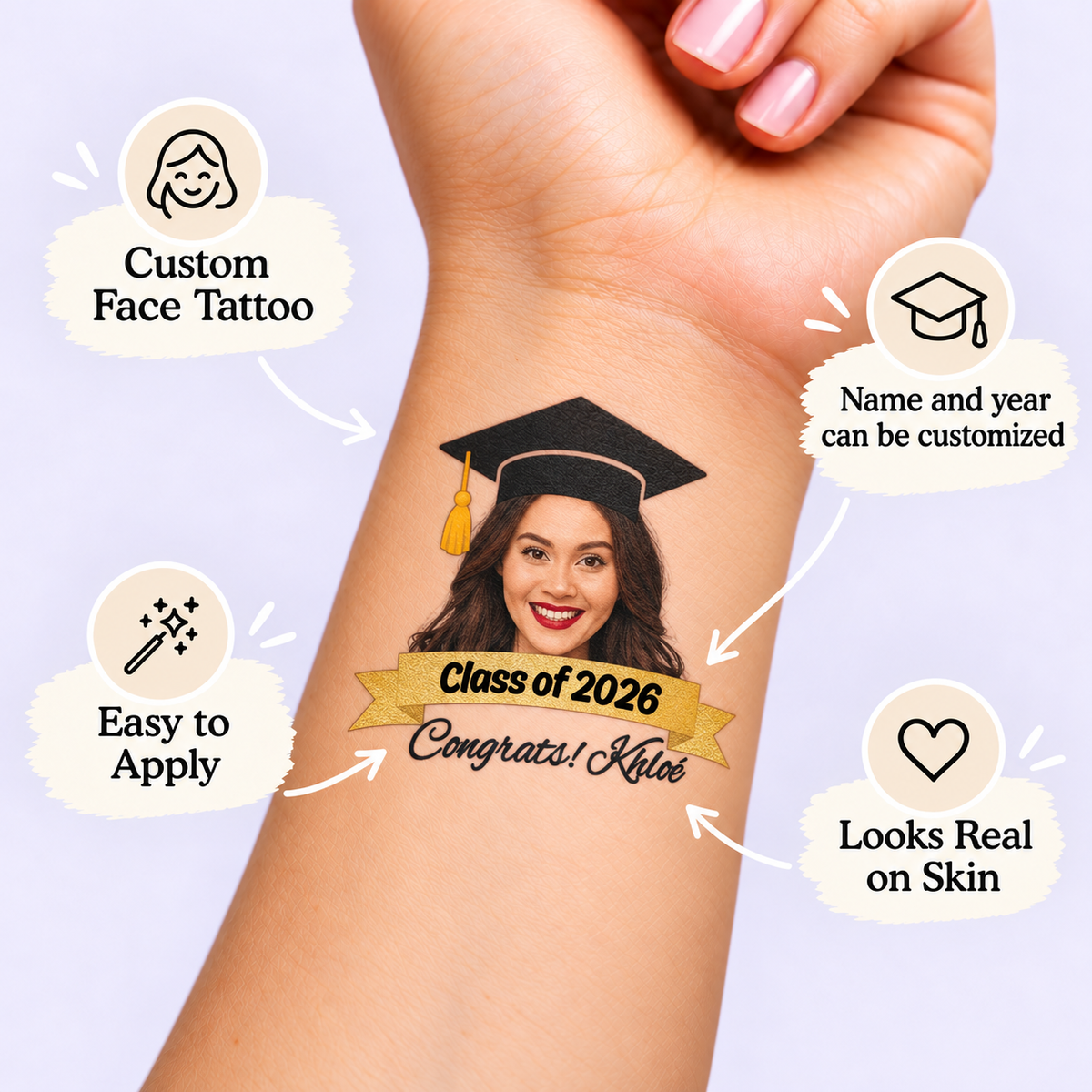 The Graduation Banner temporary tattoo personalization guide: custom face tattoo; name and year can be customized. Easy to apply.