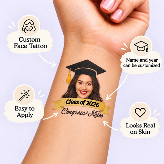 The Graduation Banner temporary tattoo personalization guide: custom face tattoo; name and year can be customized. Easy to apply.