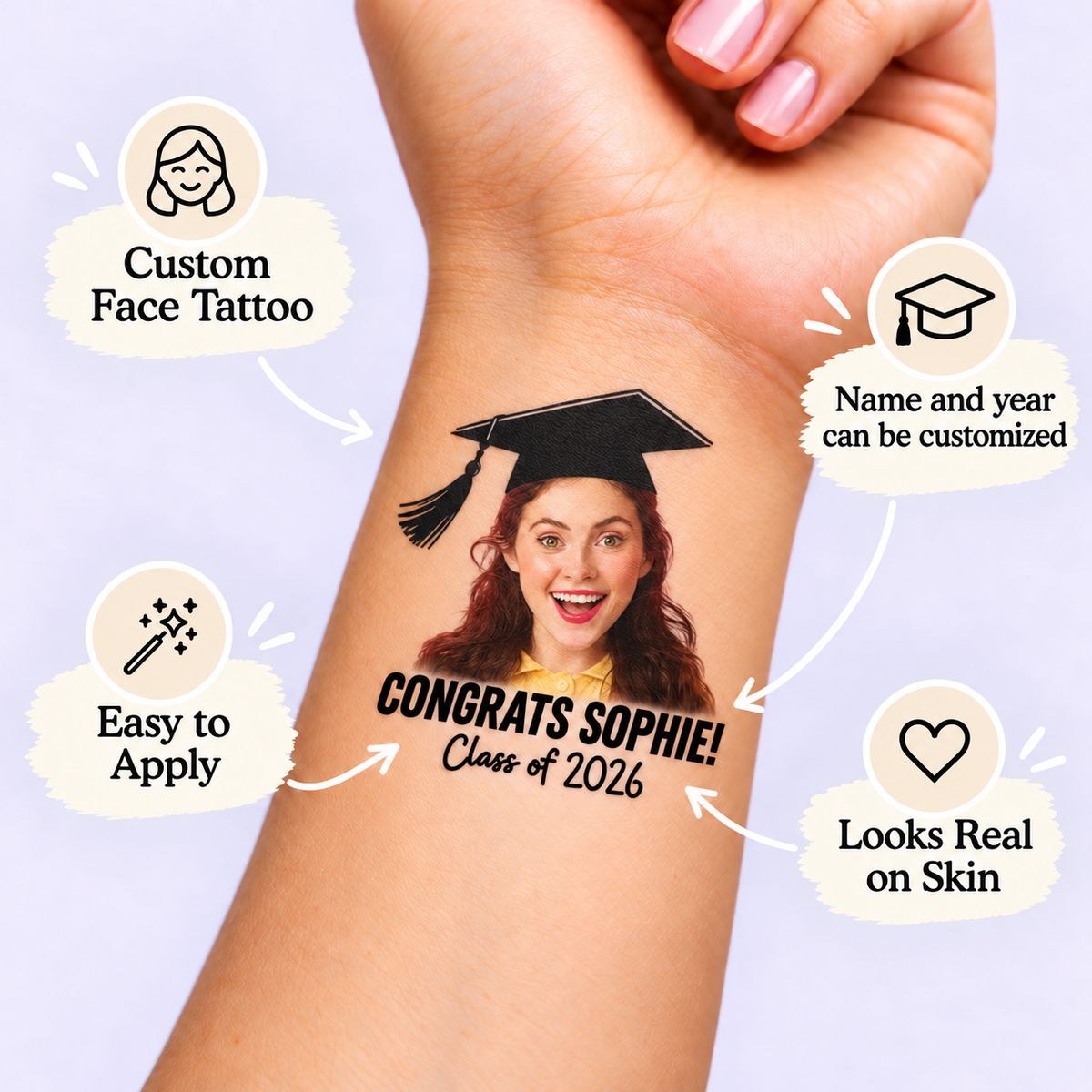 Congrats, Graduate! temporary tattoo personalization guide: custom face tattoo; name and year can be customized. Easy to apply.