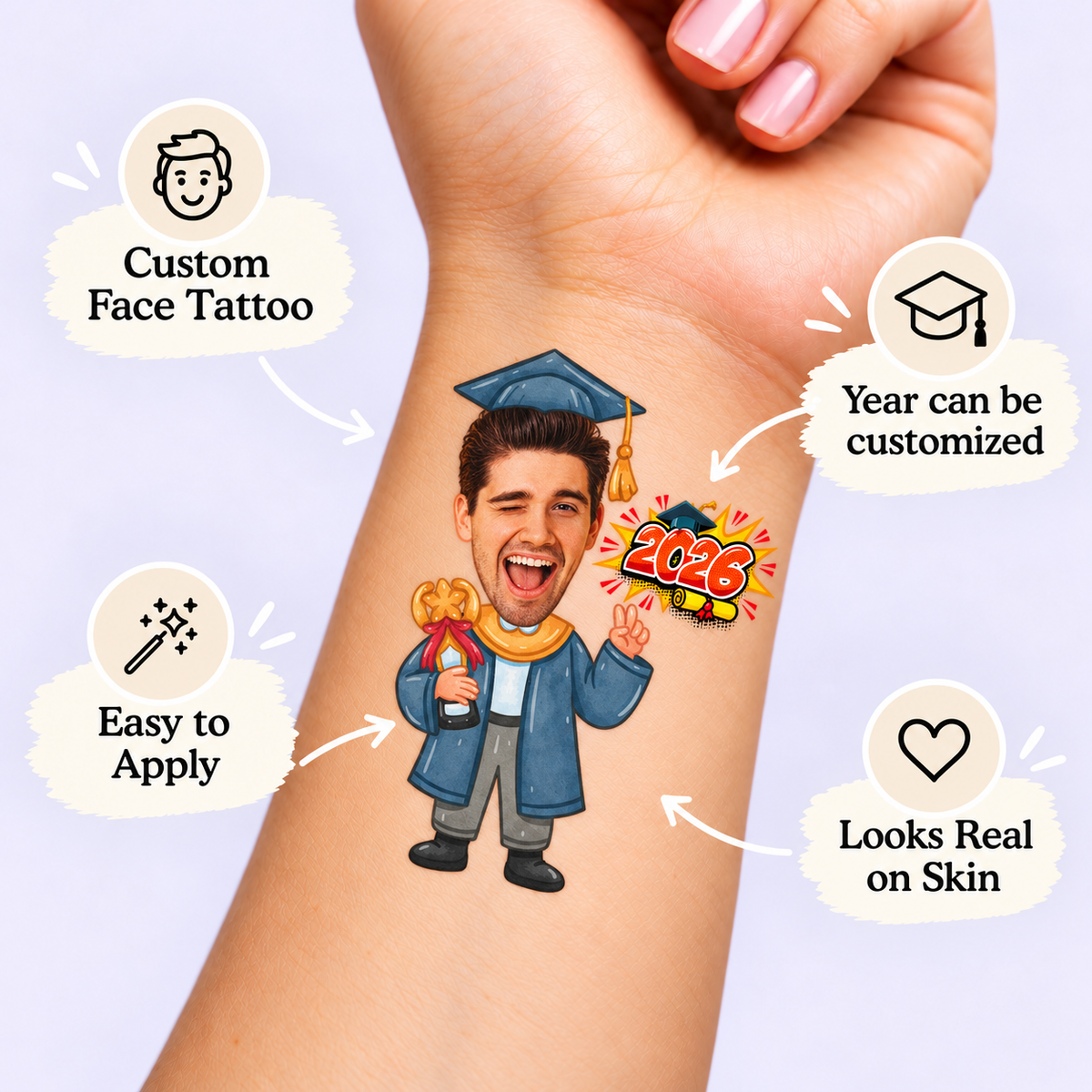 The Graduate Trophy temporary tattoo personalization guide: custom face tattoo; year can be customized. Easy to apply.