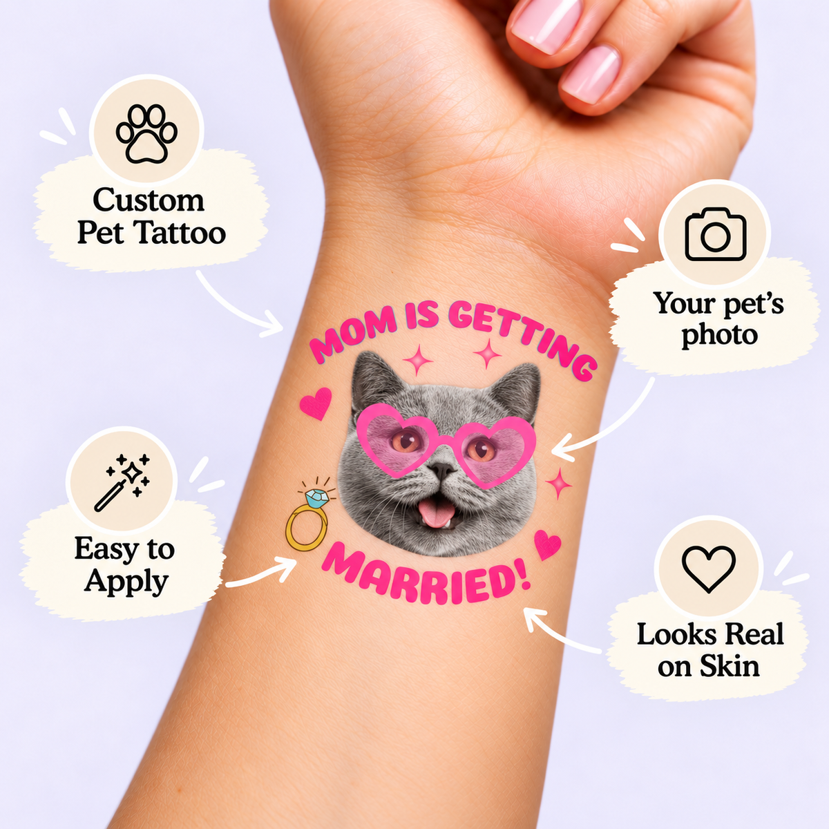 Mom Is Getting Married Cat temporary tattoo personalization guide: custom pet tattoo; your pet's photo. Easy to apply.