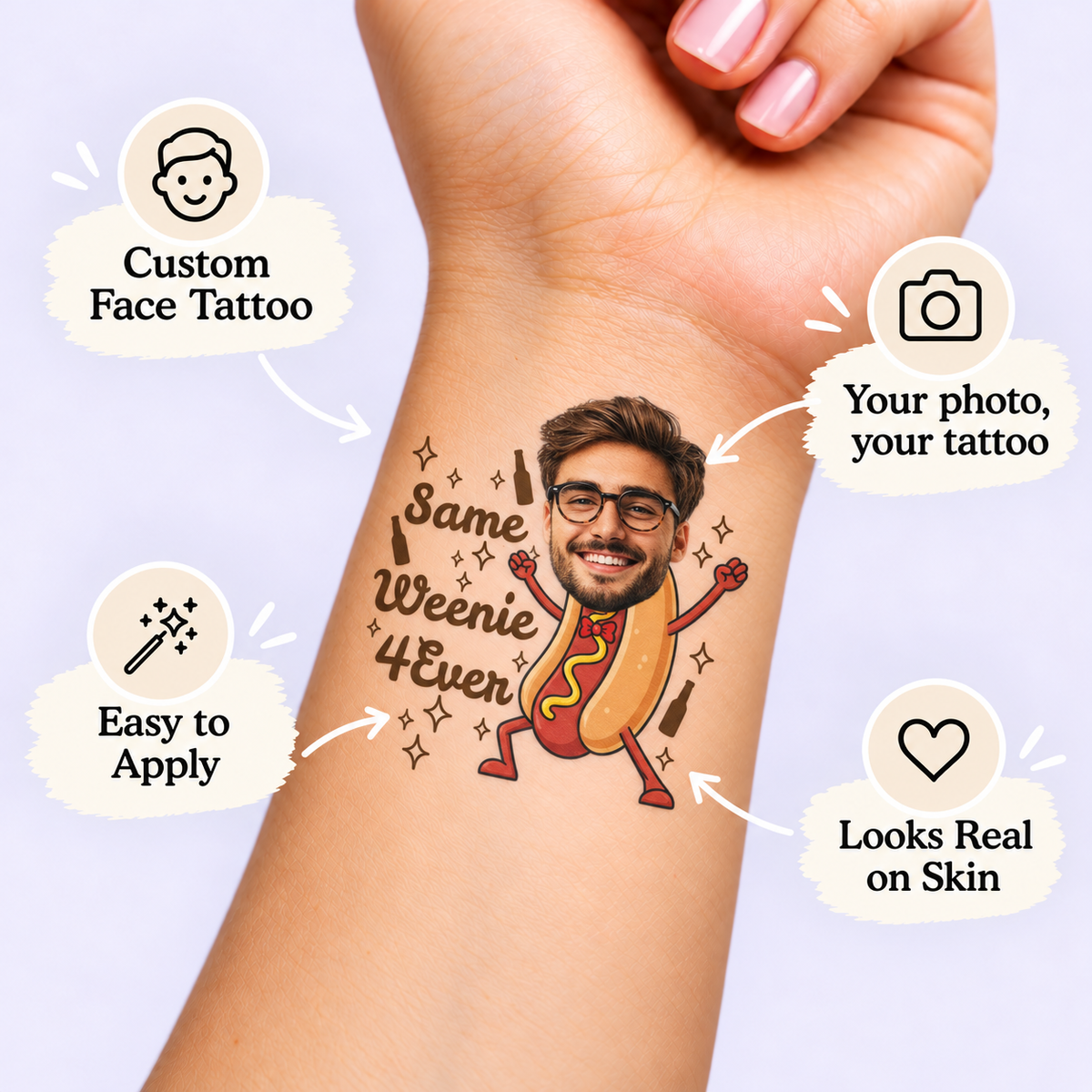 Same Weenie Forever temporary tattoo personalization guide: custom face tattoo; your photo, your tattoo. Easy to apply.