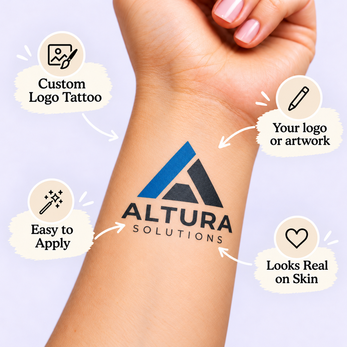 Upload Your Image temporary tattoo personalization guide: custom logo tattoo; your logo or artwork. Easy to apply.