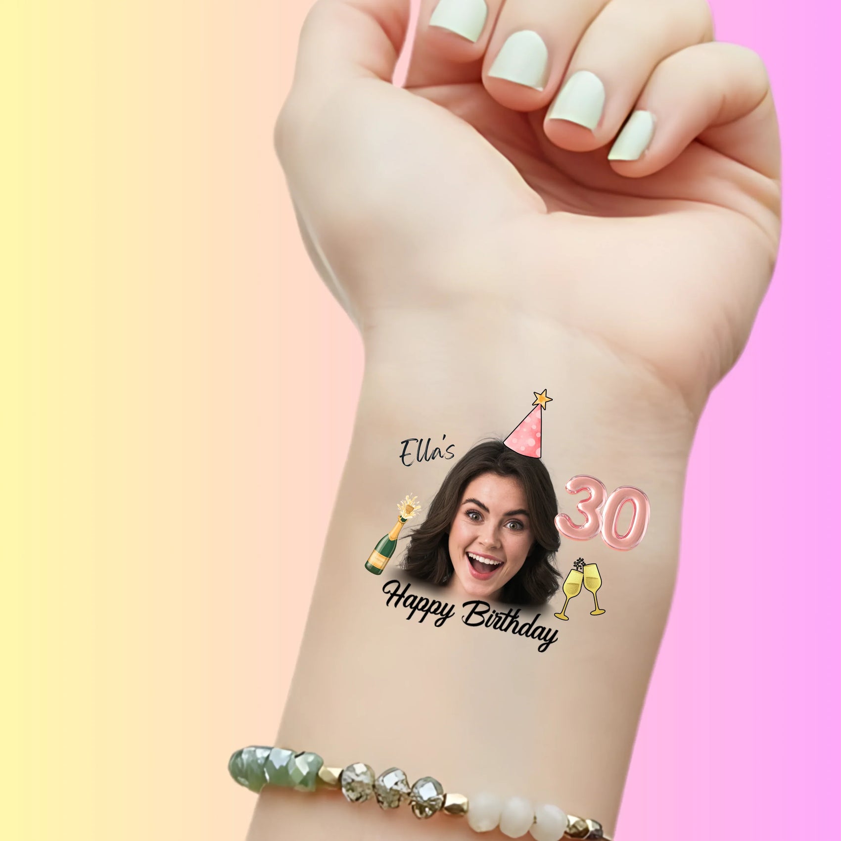 Custom Birthday Temporary Tattoos - Rose Gold Champagne Celebration