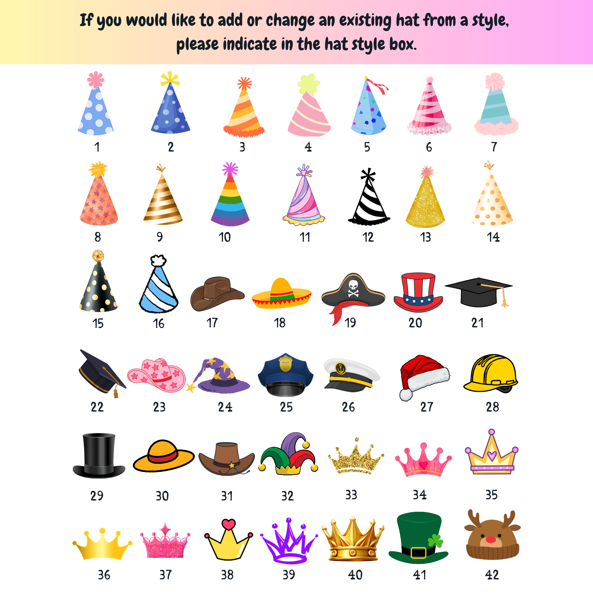 Hat styles 1 to 42. Enter your choice in the hat style box.